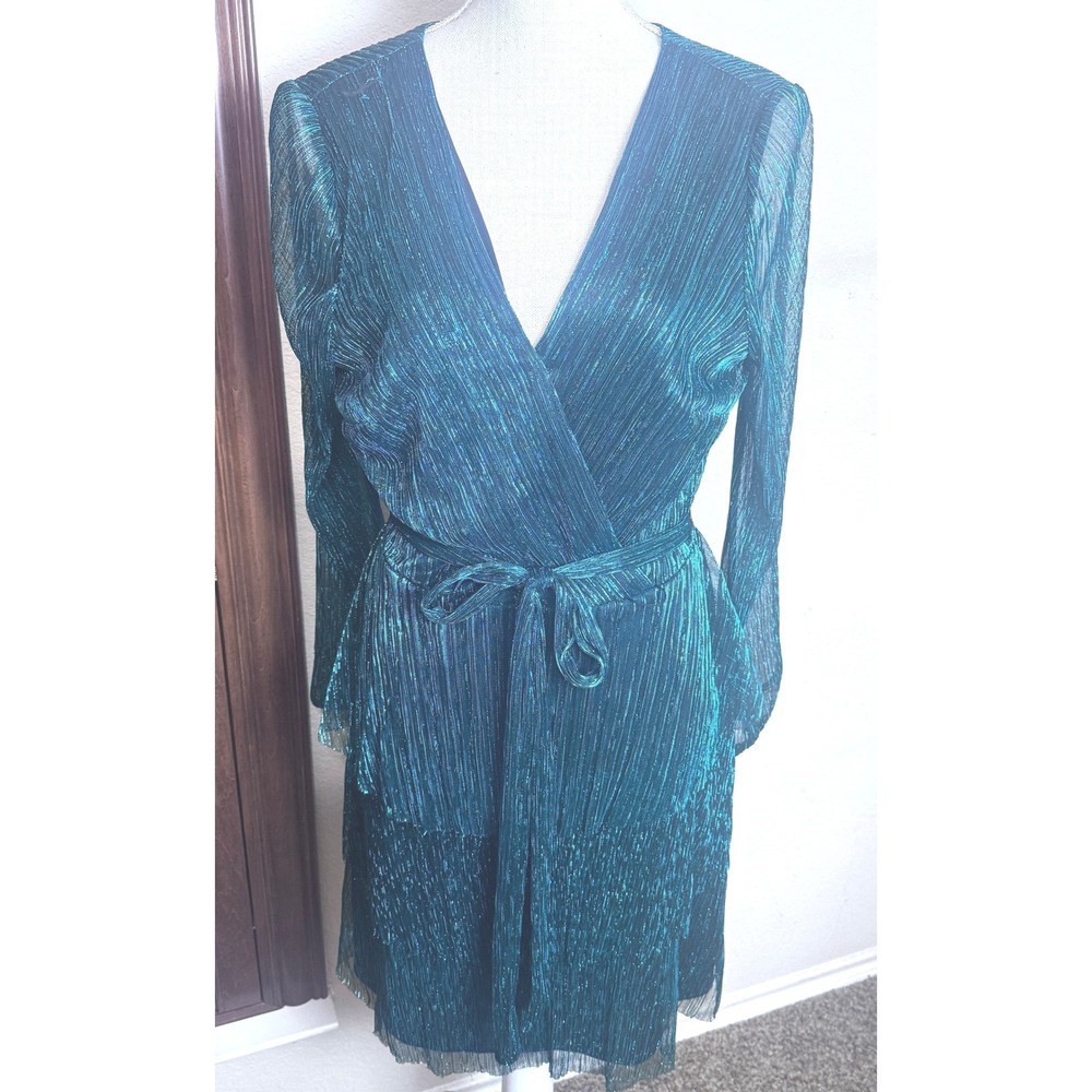 Nicole Miller Teal Metallic Plisse Wrap Dress L Long Sleeve Ruffle Mermaidcore